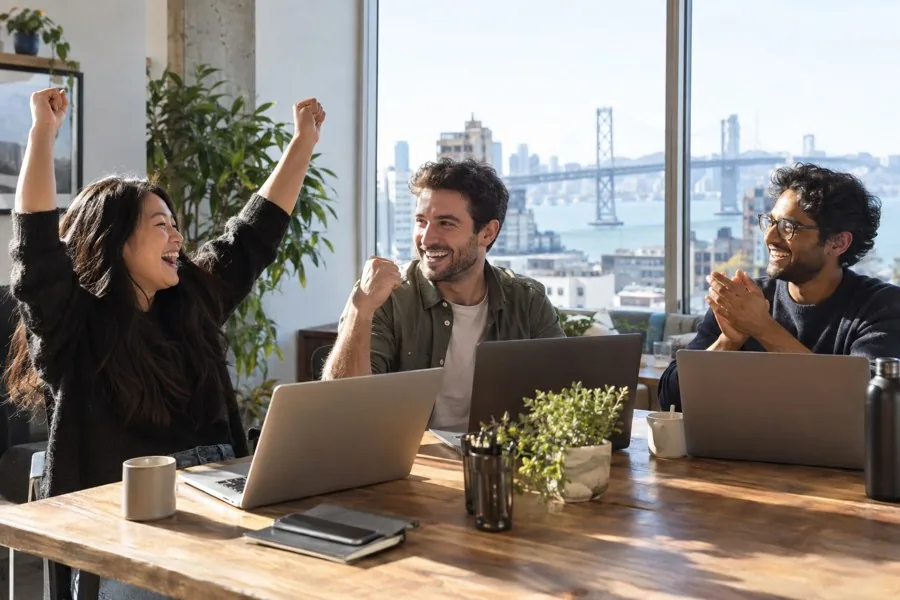 Launch day photo of a small team celebrating